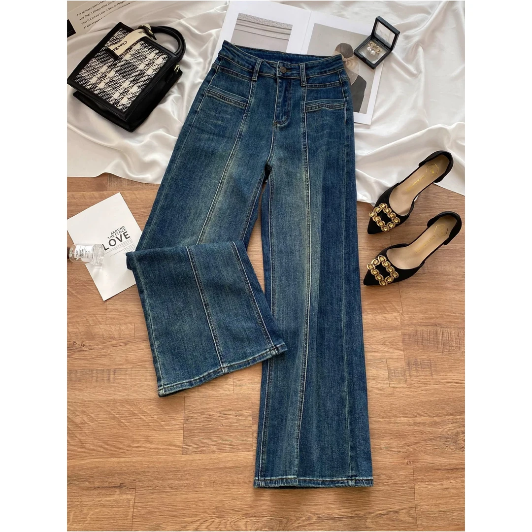 微喇牛仔裤女秋冬2024年新款高腰显瘦弹力不贴腿直筒喇叭裤子9177