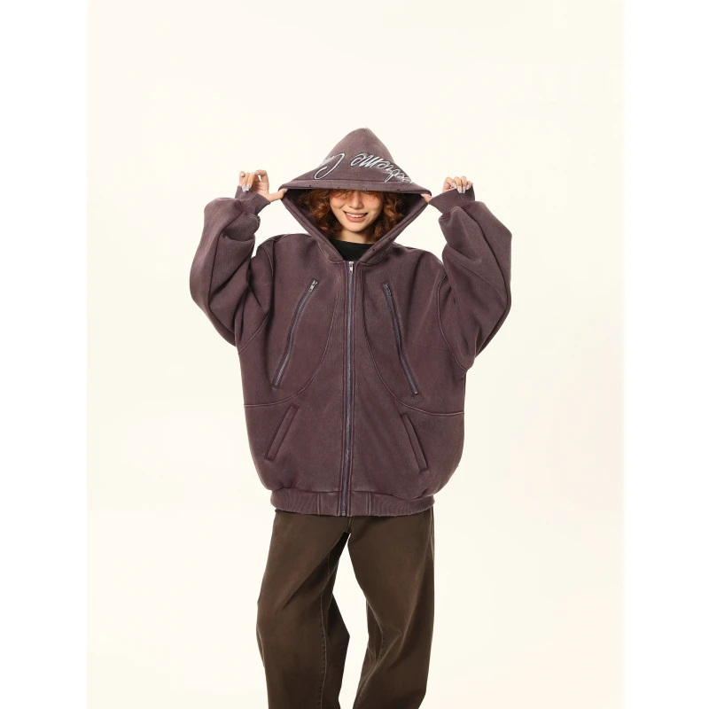 E17推荐美式重磅水洗做旧刺绣加绒开衫连帽卫衣外套男女情侣款