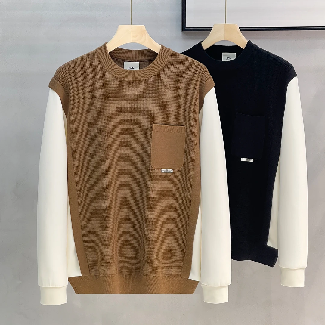 美式休闲假两件毛衣男冬季宽松针织衫潮流撞色拼接加厚毛线衫外套
