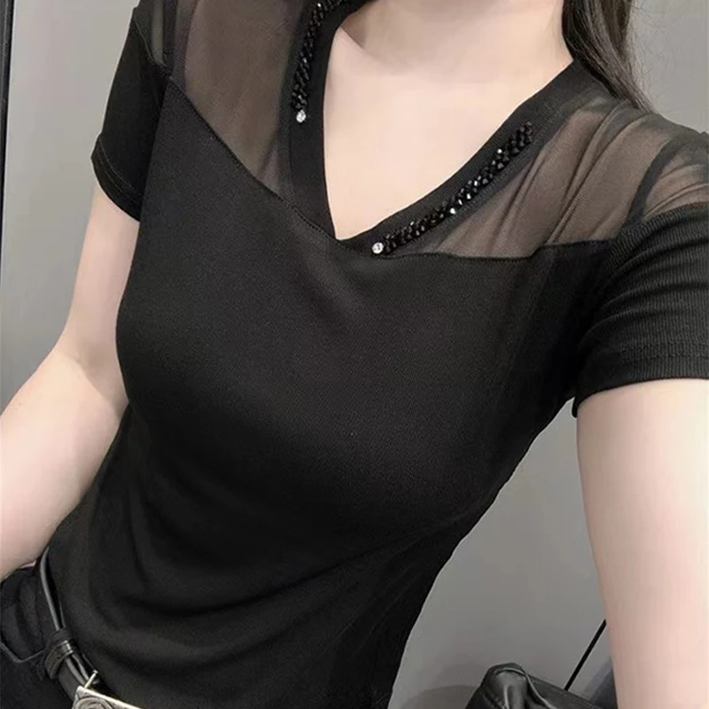 2025夏季新款短袖气质气质v领百搭拼接显瘦t恤黑色半袖女