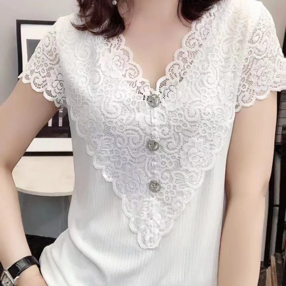 夏季新款短袖显瘦遮肉气质韩版蕾丝打底衫v领t恤时尚上衣女