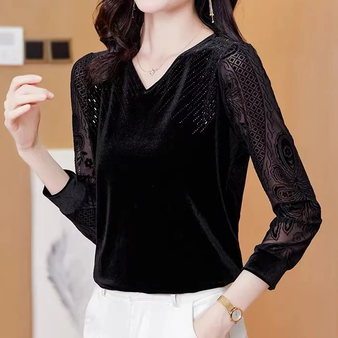 秋季新款丝绒T恤显瘦气质V领烫钻长袖上衣女