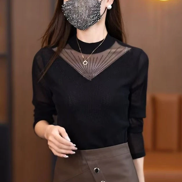 2025新款烫钻打底衫圆领显瘦百搭气质拼接t恤长袖黑色上衣女