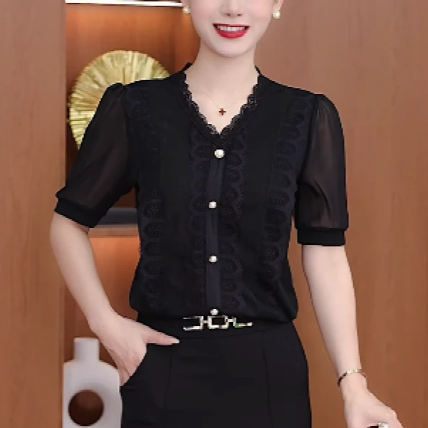 夏季新款t恤蕾丝气质百搭显瘦V领短袖女