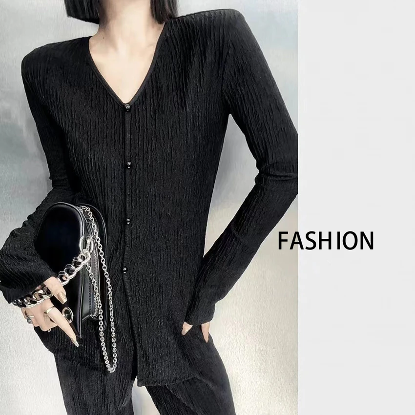 两件套/套装新款气质时尚百搭黑色显瘦无口袋休闲裤长袖上衣女