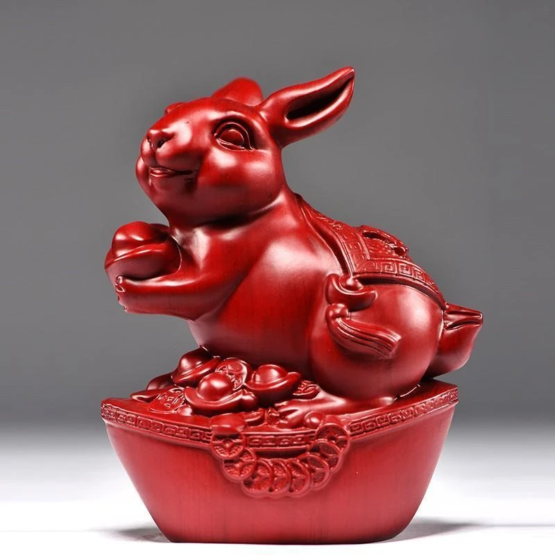 红色花梨木雕刻兔子摆件木头十二生肖木兔家居客厅玄关装饰工艺品