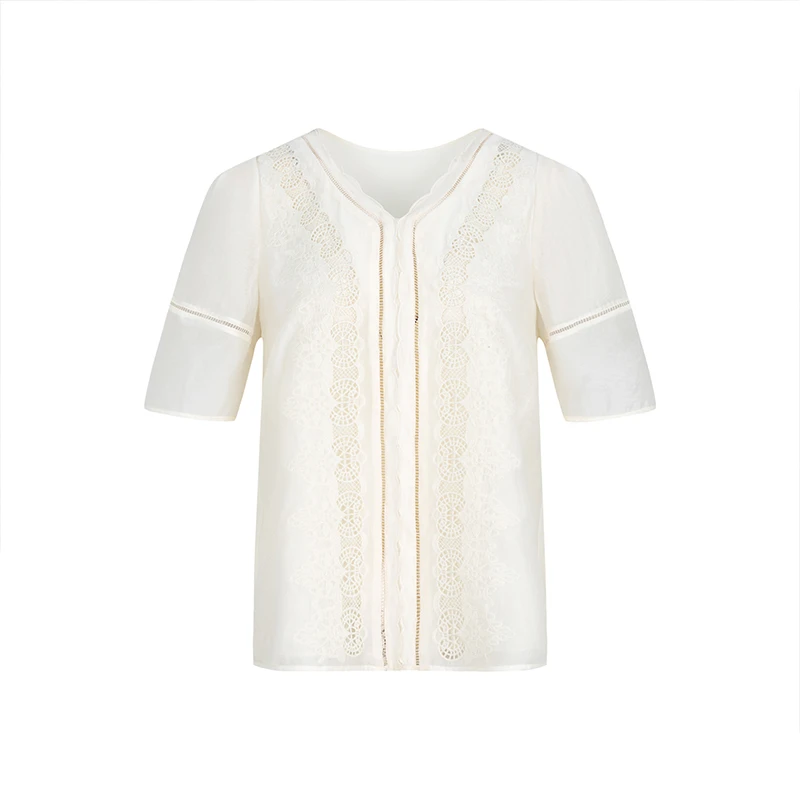 设计师女装2024夏季新款衬衫蕾丝刺绣气质百搭显瘦V领衬衫32213