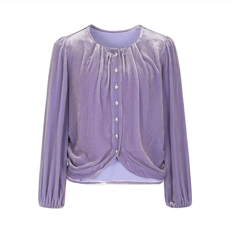 设计师女装2024秋季新款针织衫气质高级感紫色梭织套头上衣33227