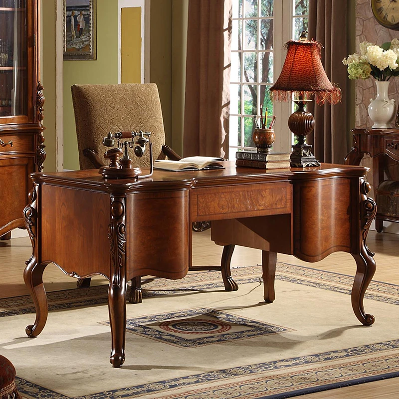 美式书桌欧式实木写字台别墅家用办公桌复古老板桌学习桌特价包邮