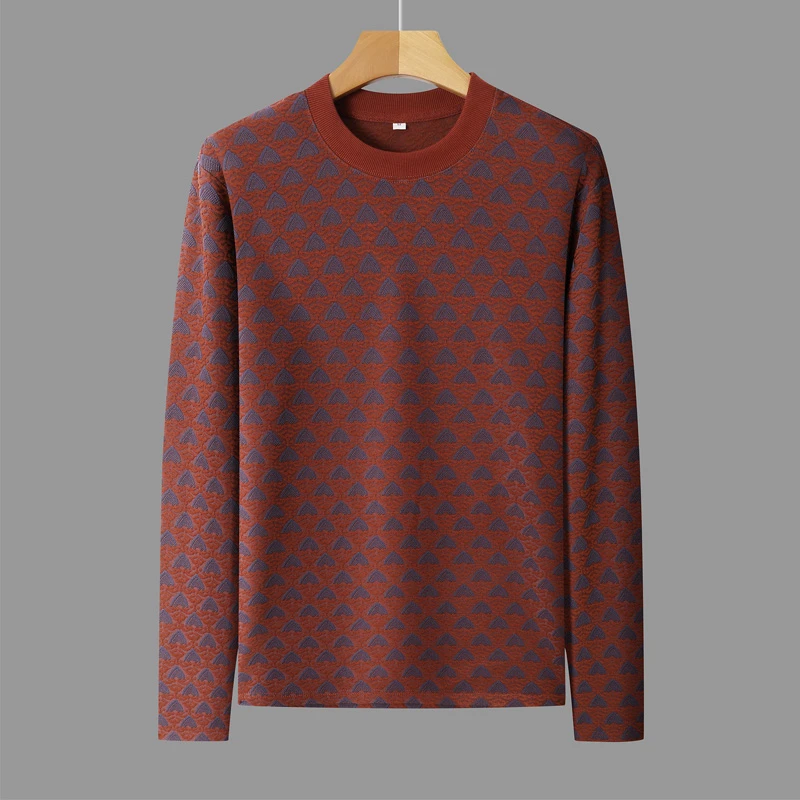 2024春秋新款男士提花长袖t恤潮流花色打底衫上衣圆领百搭时尚