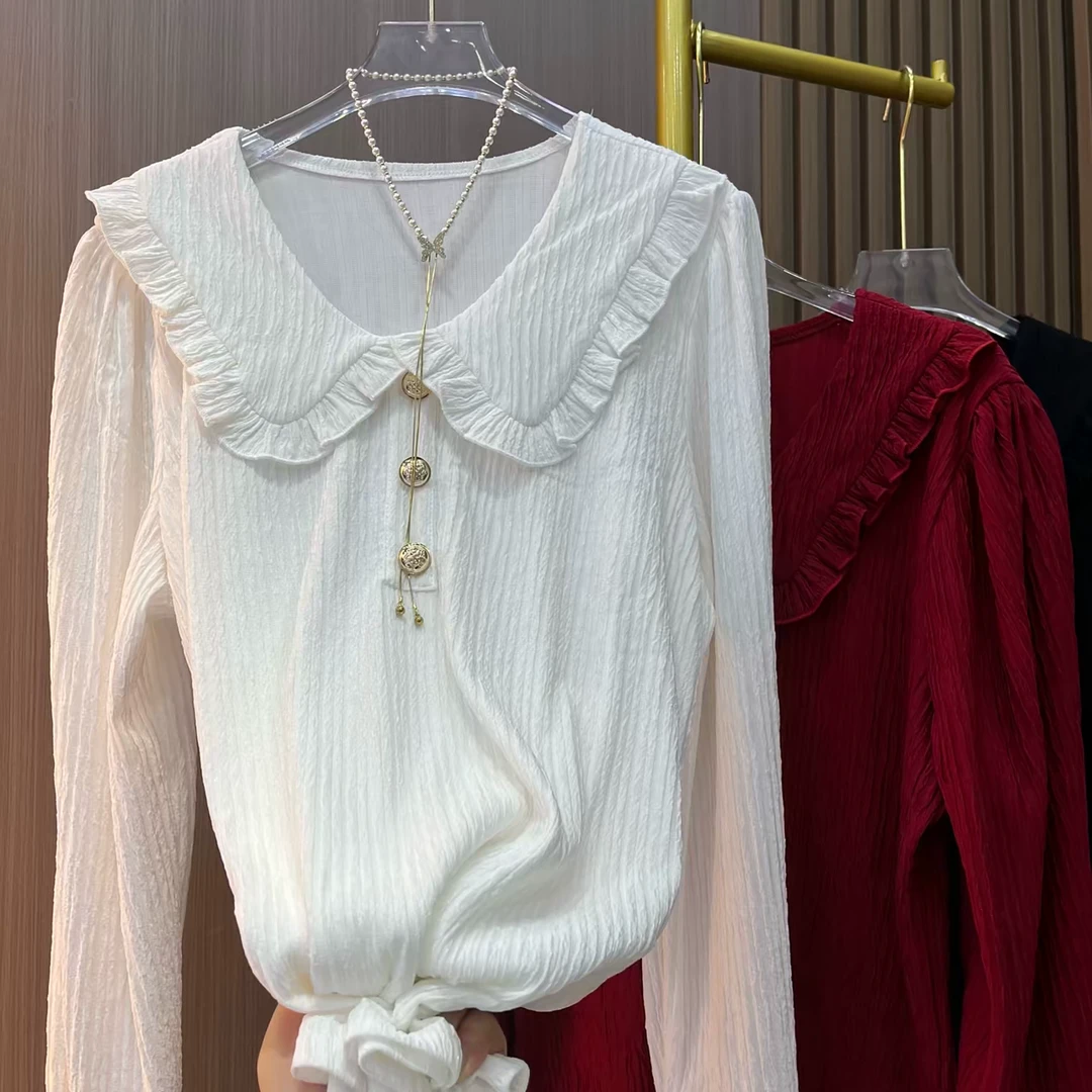 娃娃领褶皱三扣小衫洋气减龄时尚百搭T恤上衣打底衫