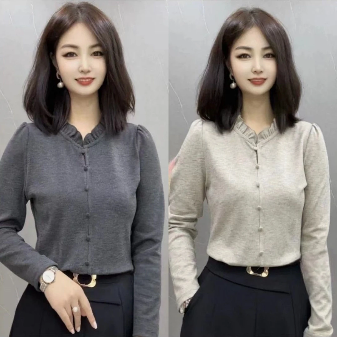 【木耳边】女士时尚秋冬季洋气百搭长袖套头上衣T恤新休闲打底衫