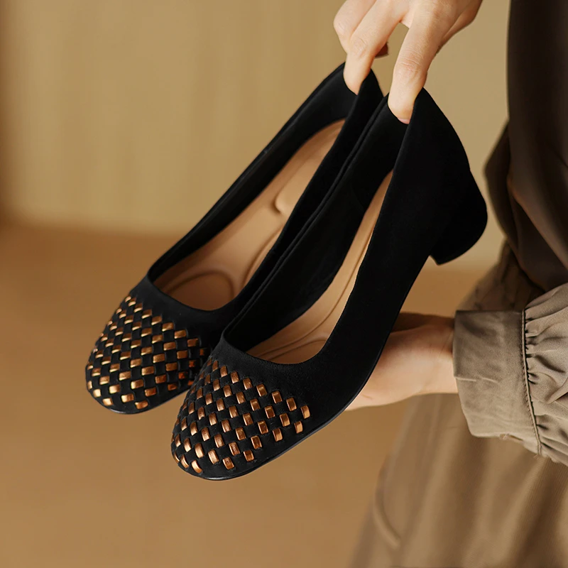 法式小香风圆头浅口平跟单鞋女磨砂皮套软底舒适百搭单鞋