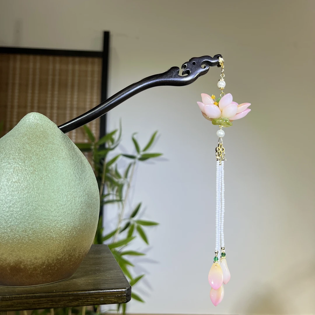 天然黑檀发簪国风18cm【荷花】荷花流苏步摇简约古风日常百搭木发簪