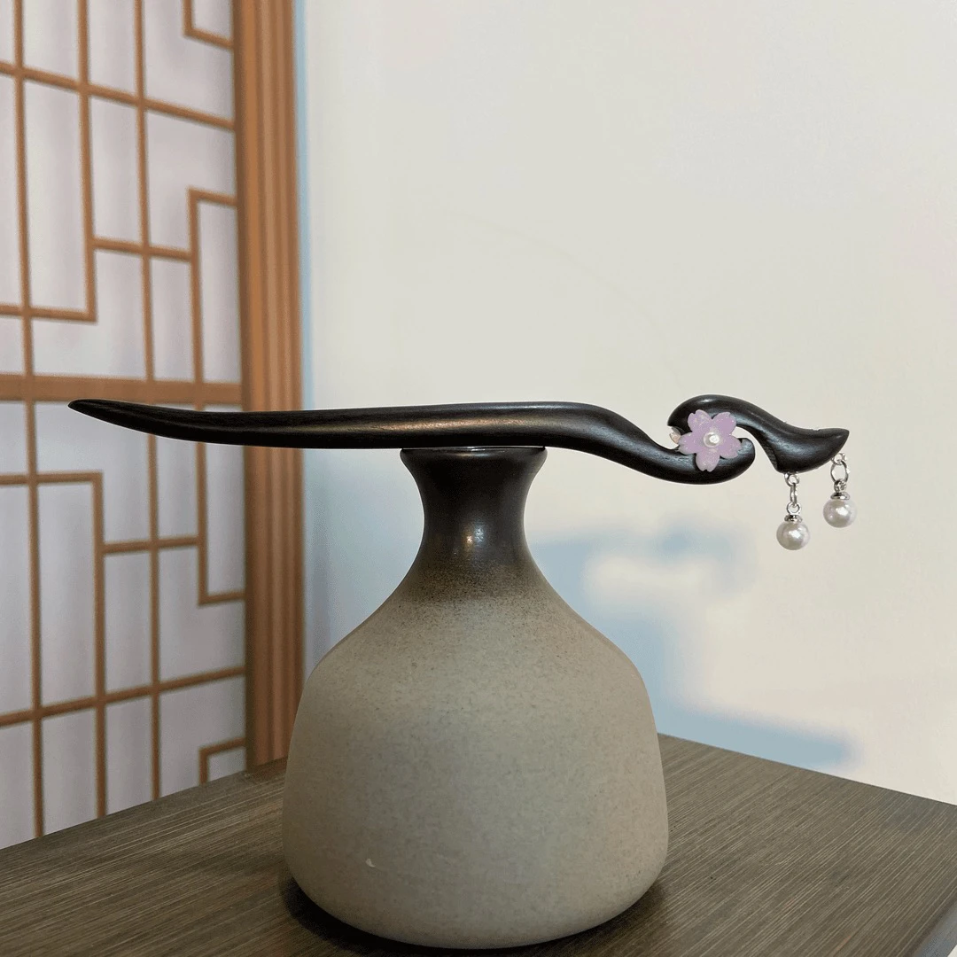 15厘米天然黑檀木发簪【紫灵】气质紫色小花珠珠流苏盘发簪4587