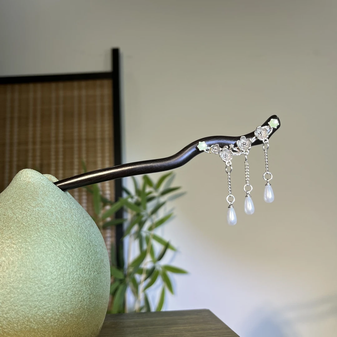 天然黑檀木发簪18cm【君凝】步摇流苏日常中式简约清新盘发簪