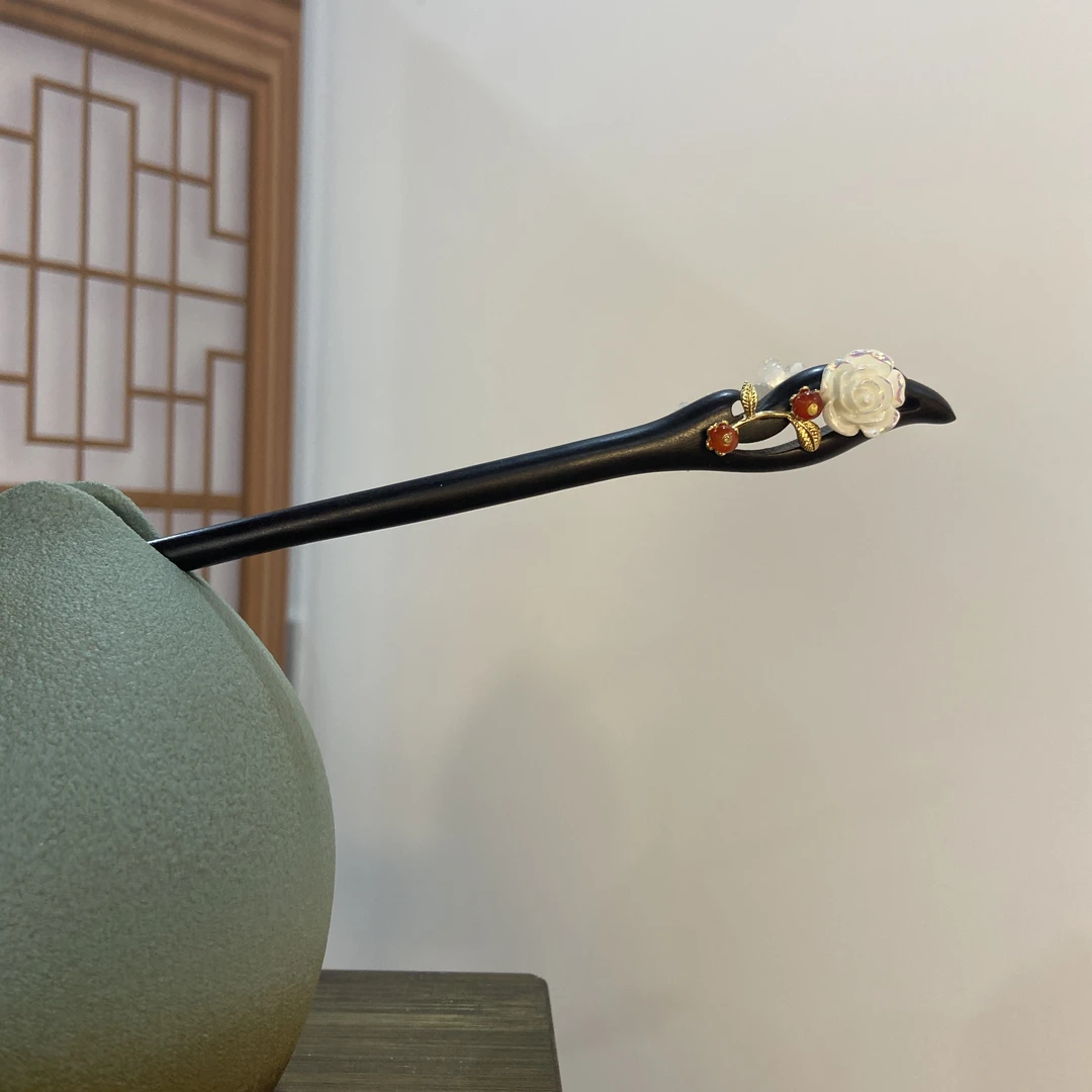 天然黑檀木发簪18cm【似锦】山茶花日常气质新中式国风盘发簪9101