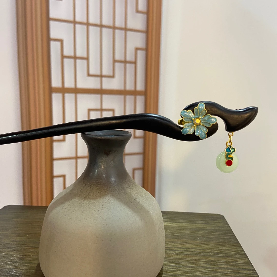 双面天然黑檀木发簪18cm【念惜】高级精致感花朵平安扣古风发簪2075