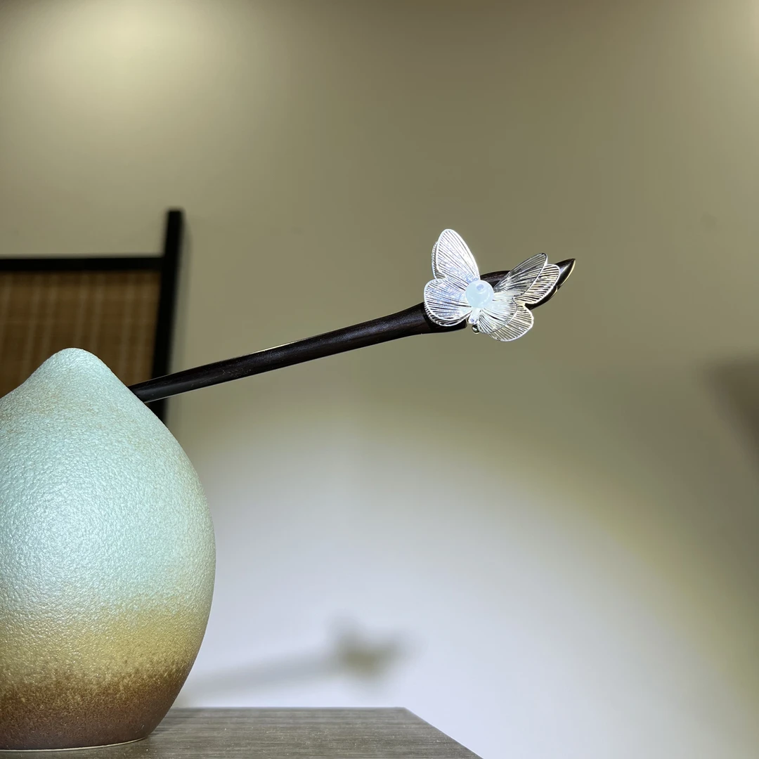 天然黑檀木发簪18cm【蝴蝶】新中式国潮步摇古风古典盘发簪