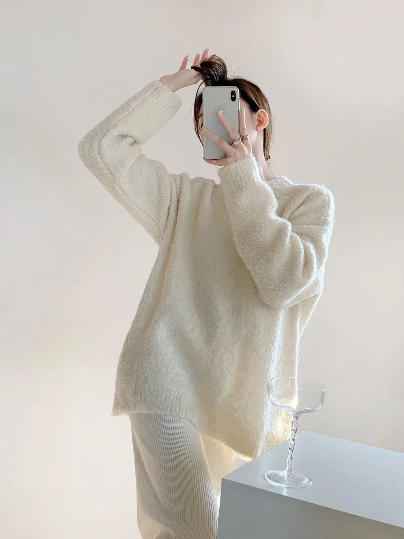白色奶fufu毛衣女中长款秋冬新款加厚宽松慵懒风软糯针织衫上衣潮