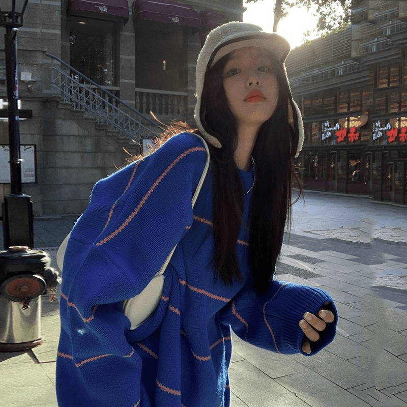 秋冬新款克莱因蓝条纹毛衣女oversize宽松外穿慵懒风针织衫上衣厚