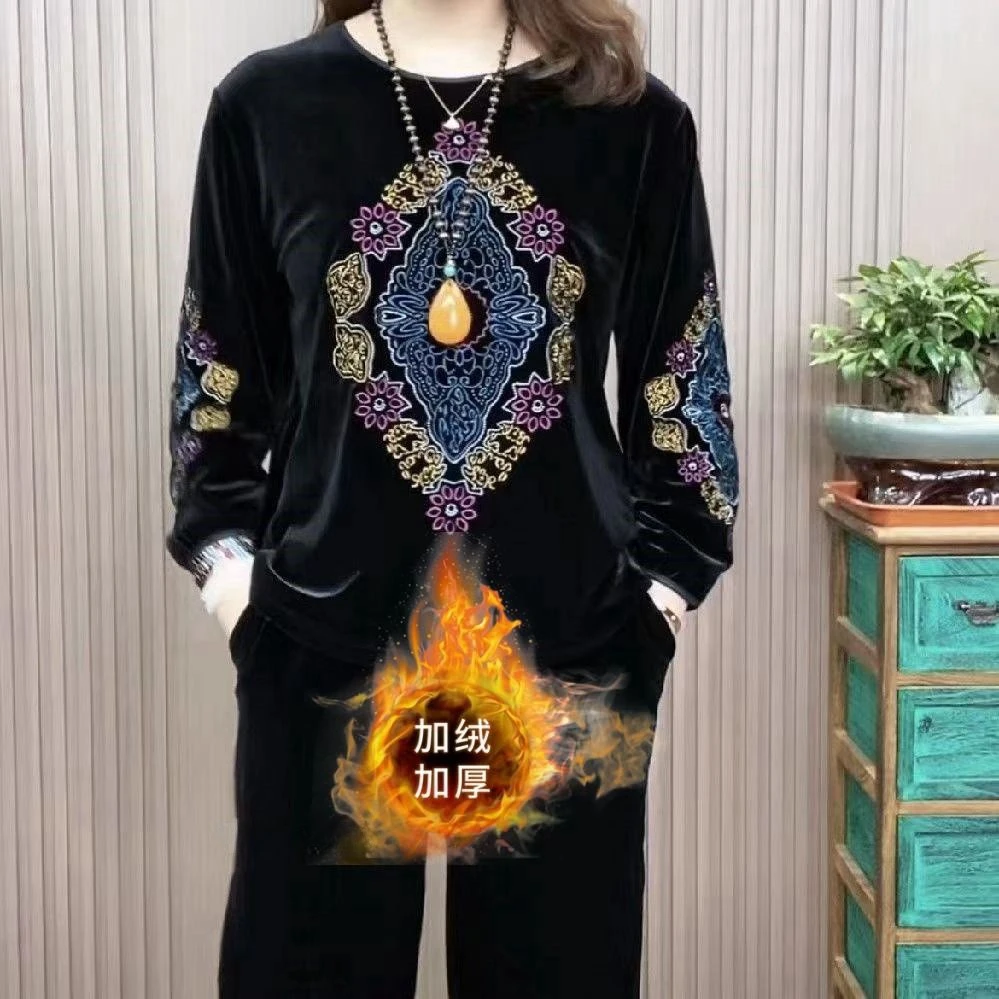 2023秋冬季金丝绒套装宽松圆领百搭复古刺绣减龄遮肉中年妈妈装潮