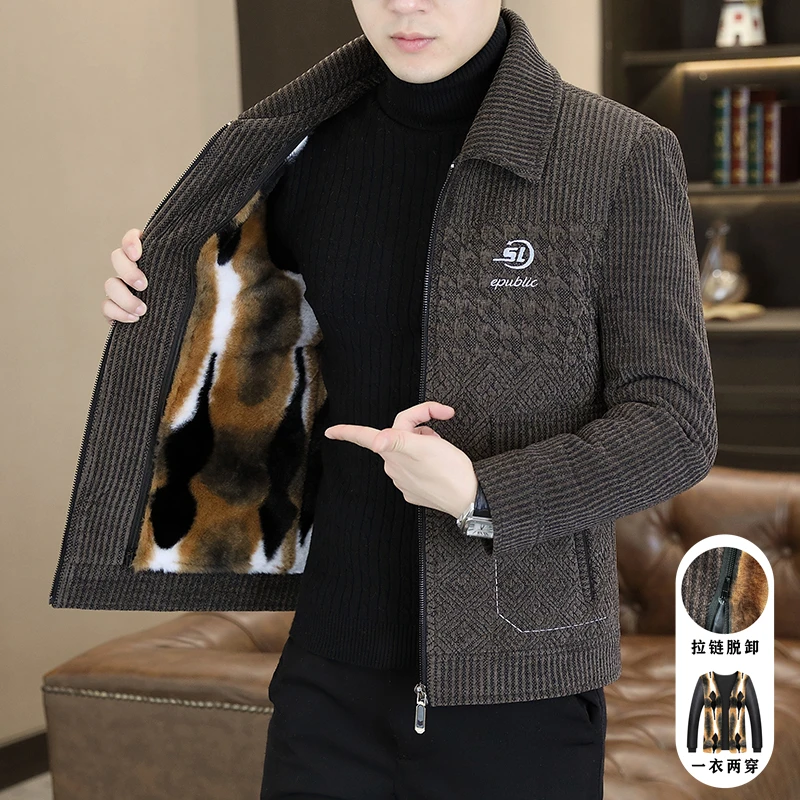 24年秋冬季新款男士毛呢大衣潮流休闲翻领加厚高档貂绒夹克外套