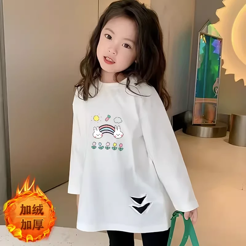 女孩长袖秋冬款2024新款中大童潮流百搭网红宽松打底衫破洞上衣潮