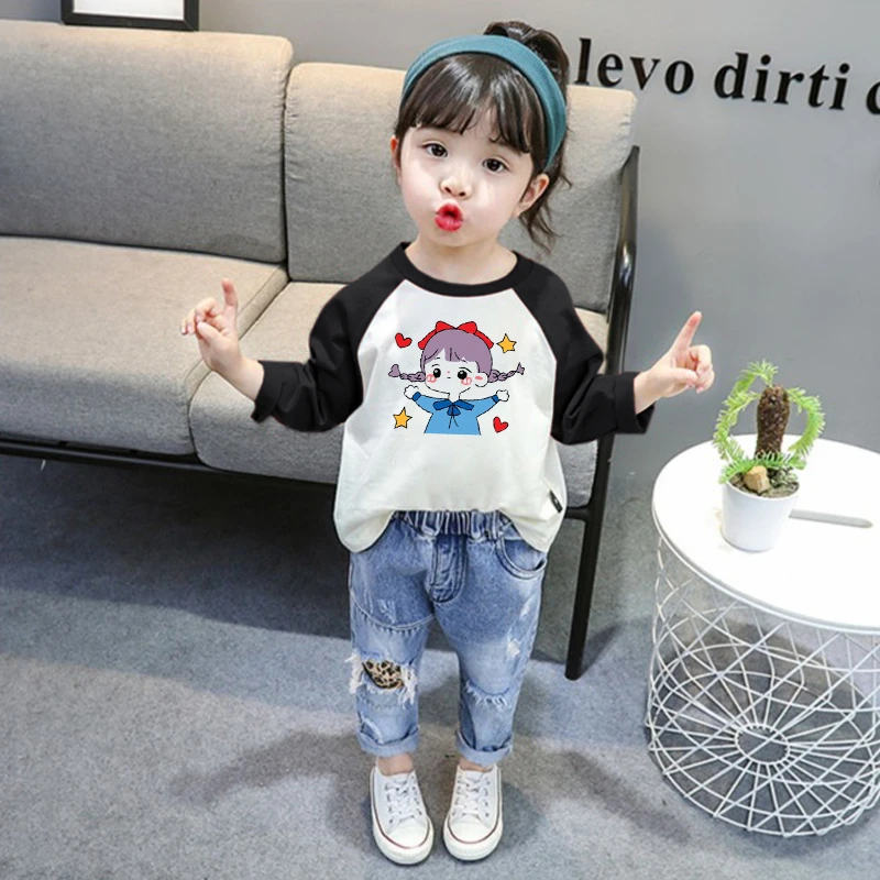 纯棉女童长袖t恤2025新款儿童春装上衣印花卡通男宝宝拼接打底衫