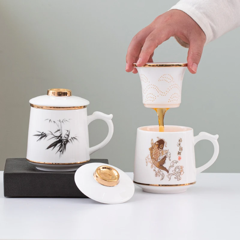 德化白瓷描金陶瓷马克杯好运锦鲤茶杯茶水分离泡茶杯办公室水杯