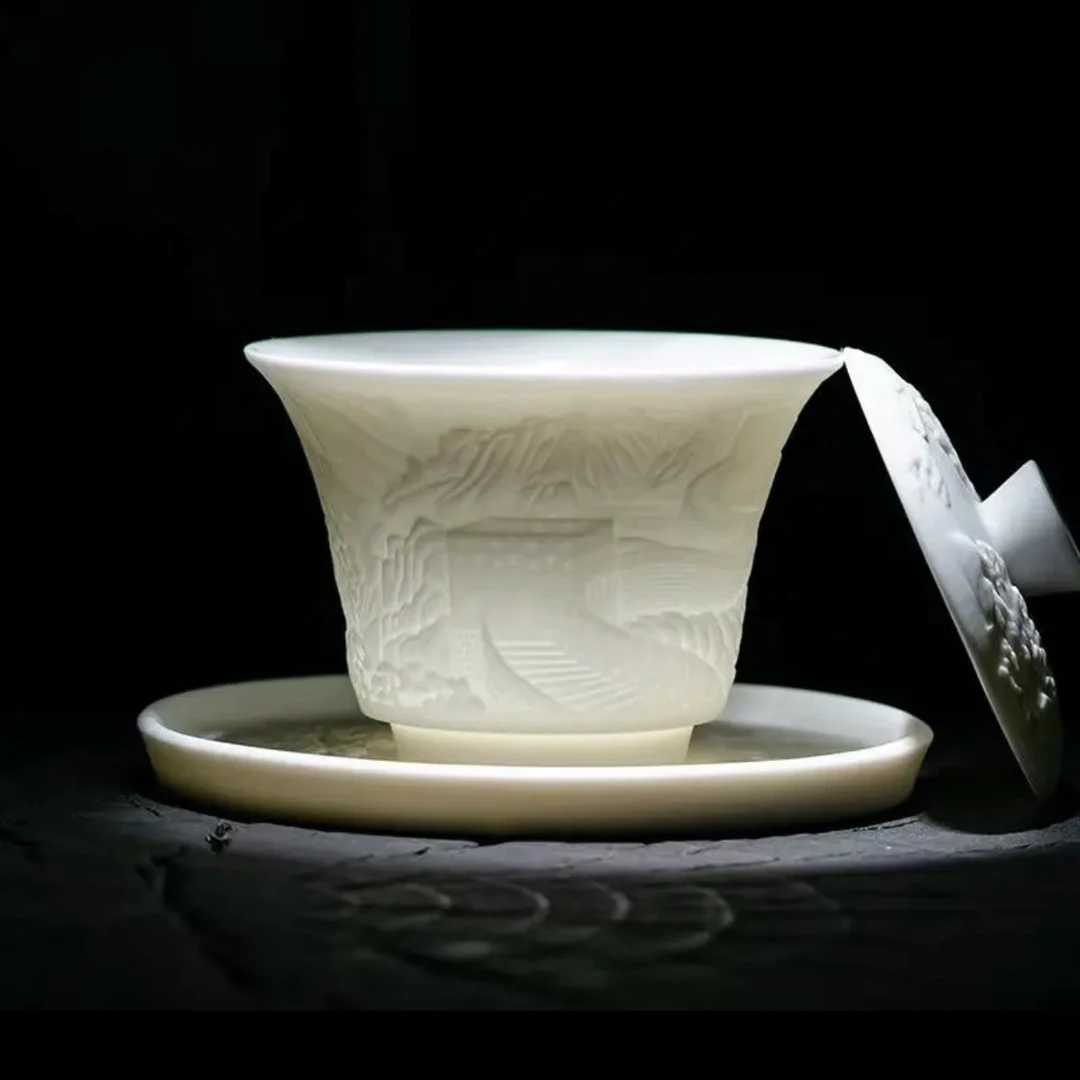 浮雕长城高档玉瓷羊脂玉三才盖碗茶杯悬停高端纯白白瓷防烫茶具