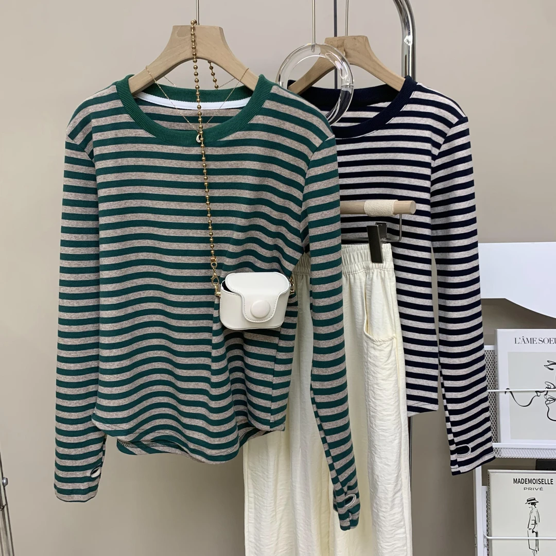 韩系条纹长袖t恤女早秋新款小个子休闲百搭别致上衣显瘦时尚套头