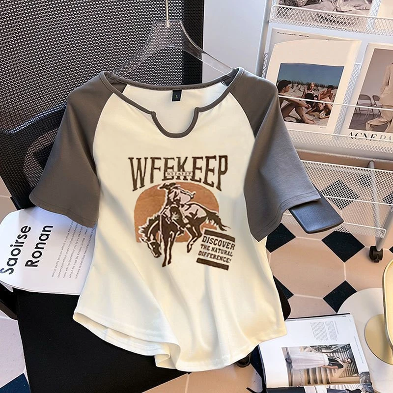 撞色v领短袖t恤女夏季胖mm显瘦遮肚正肩上衣洋气时尚休闲百搭印花