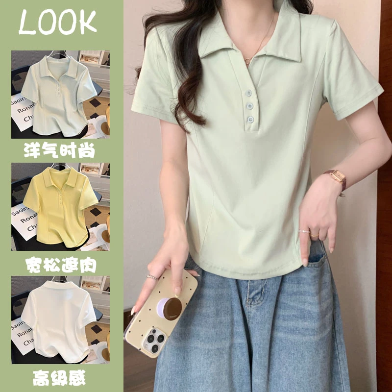 宽松正肩短袖t恤女夏季新款胖mm显瘦减龄遮肉休闲polo衫上衣洋气