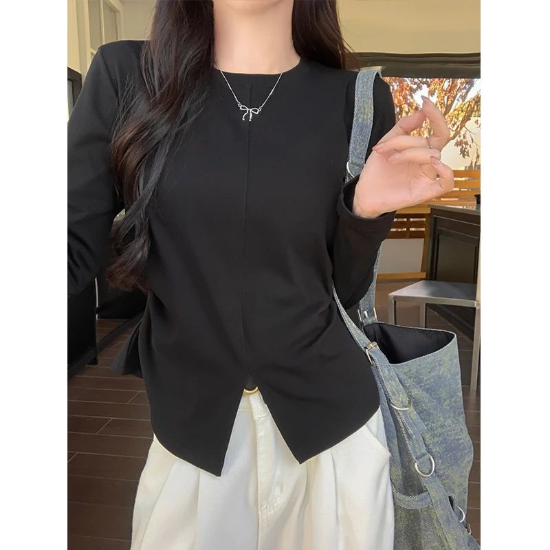 遮肚子显瘦百搭上衣胖mm别致褶皱开叉长袖t恤打底衫女气质设计感