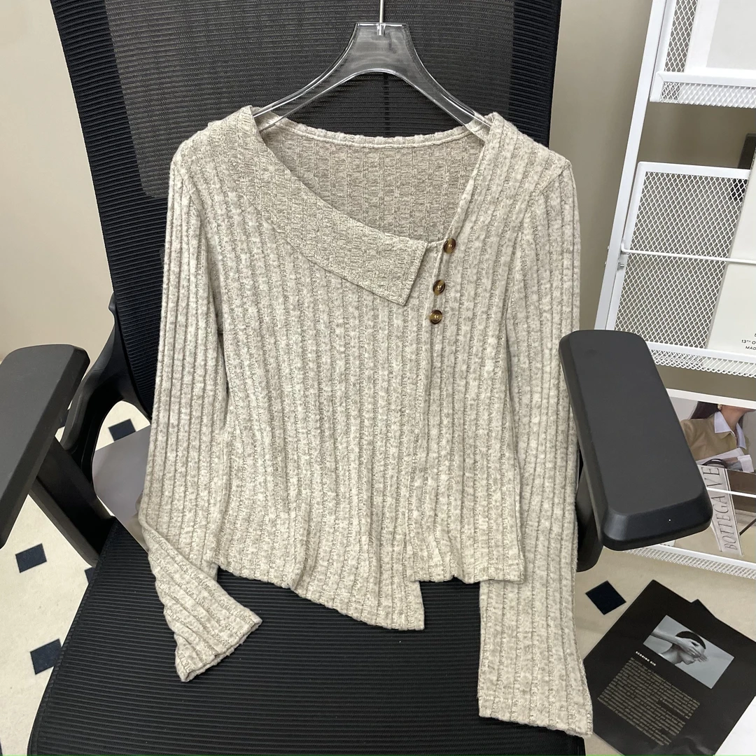 不规则翻领长袖坑条打底衫T恤女秋冬季小众气质显瘦上衣时尚百搭