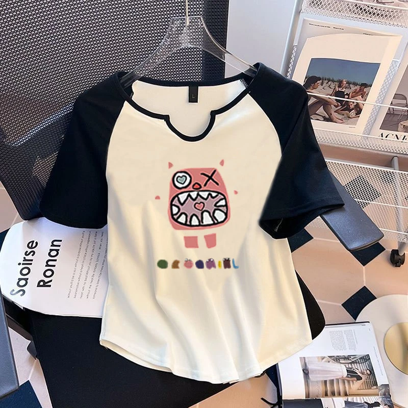 撞色短袖t恤女夏季设计感小众港味宽松上衣显瘦洋气时尚休闲百搭