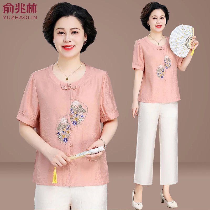 中年妈妈装夏装上衣洋气新款新中式短袖t恤50-60岁奶奶夏季套装