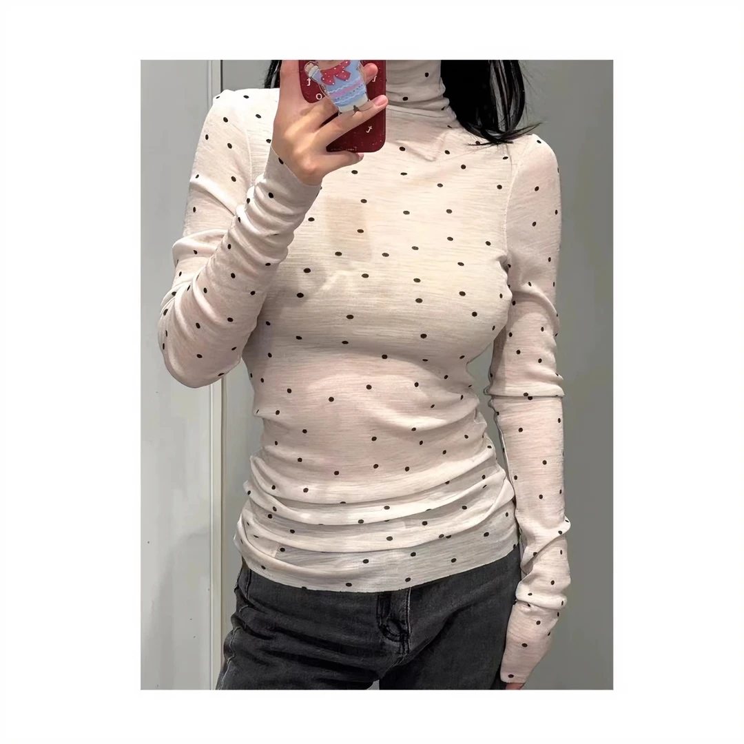 （微透）波点修身显瘦长袖上衣辣妹高领纯欲打底衫
