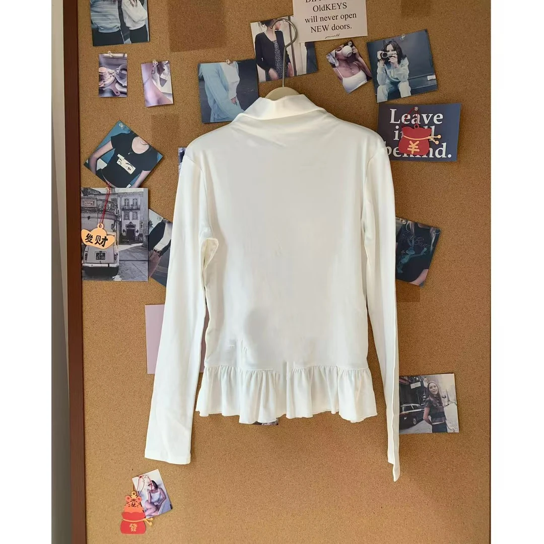 【荷叶边糯米T】加绒加厚高领荷叶边百搭纯色显瘦弹力长袖 T恤