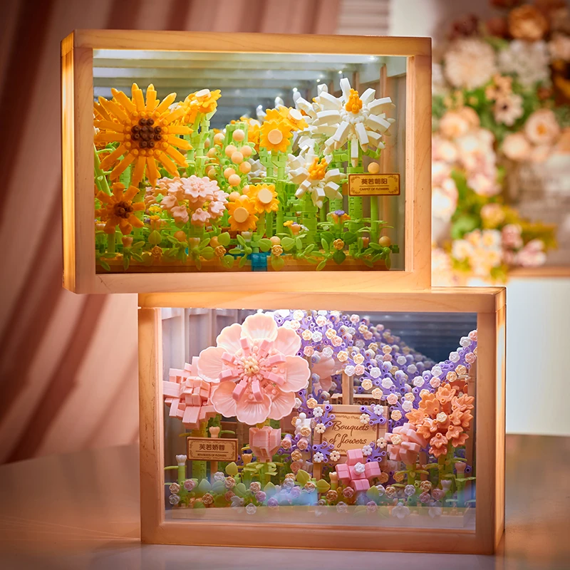 积木花立体相框拼装玩具花束桌面摆件ins风手工diy情人节礼物女孩