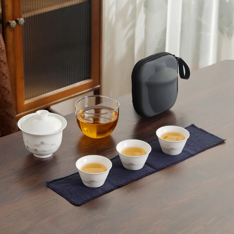 羊脂玉瓷功夫旅行茶具轻奢中式办公室茶杯茶盏白瓷盖碗套组德化