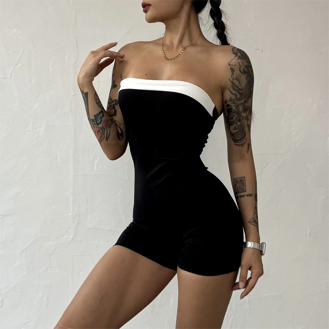 RGNANA性感带胸垫防滑条裸感抹胸短裤连体服健身瑜伽运动女