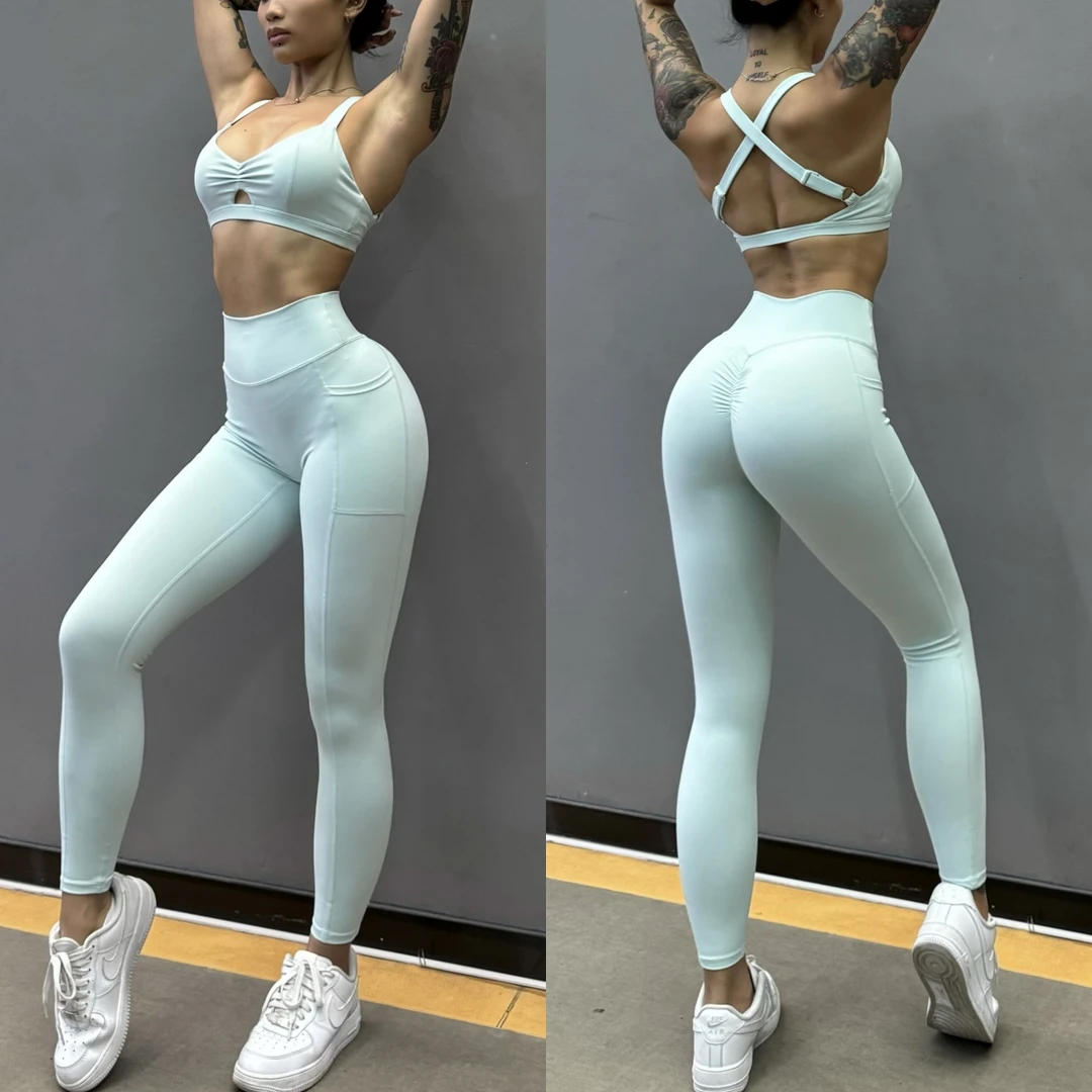 RGNANA套装镂空美背文胸女健身瑜伽高腰蜜桃臀紧身长裤裸感透气