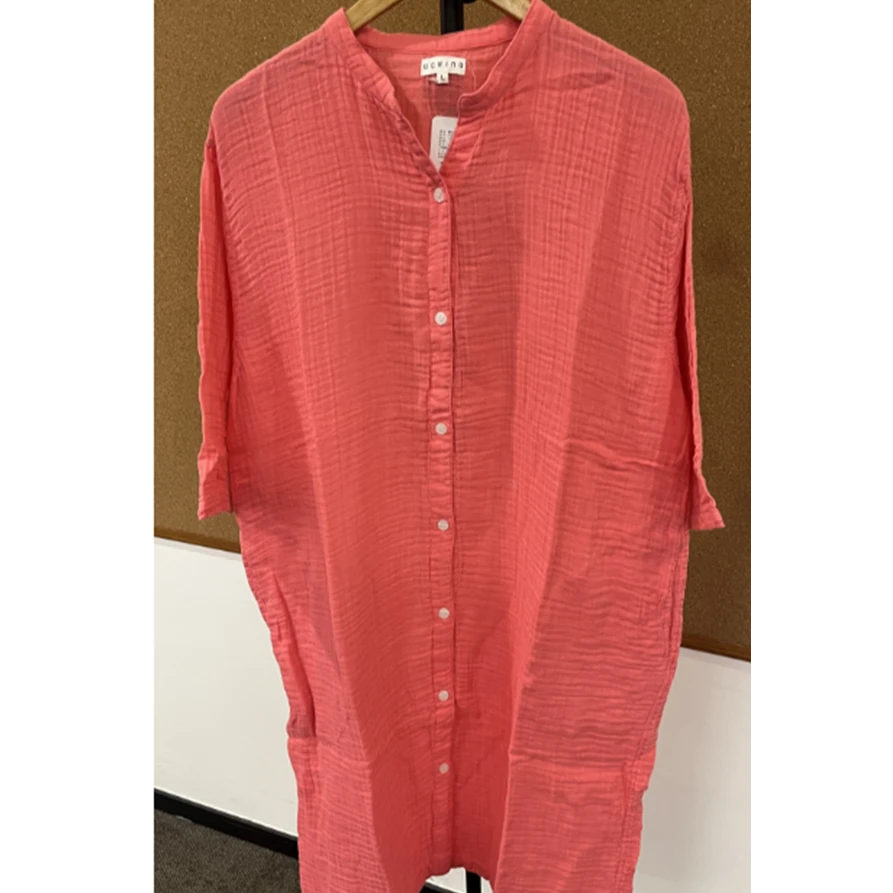 UCHINO/内野粉色可丽饼家居服裙条纹长袖中长款纯色宽松休闲时尚