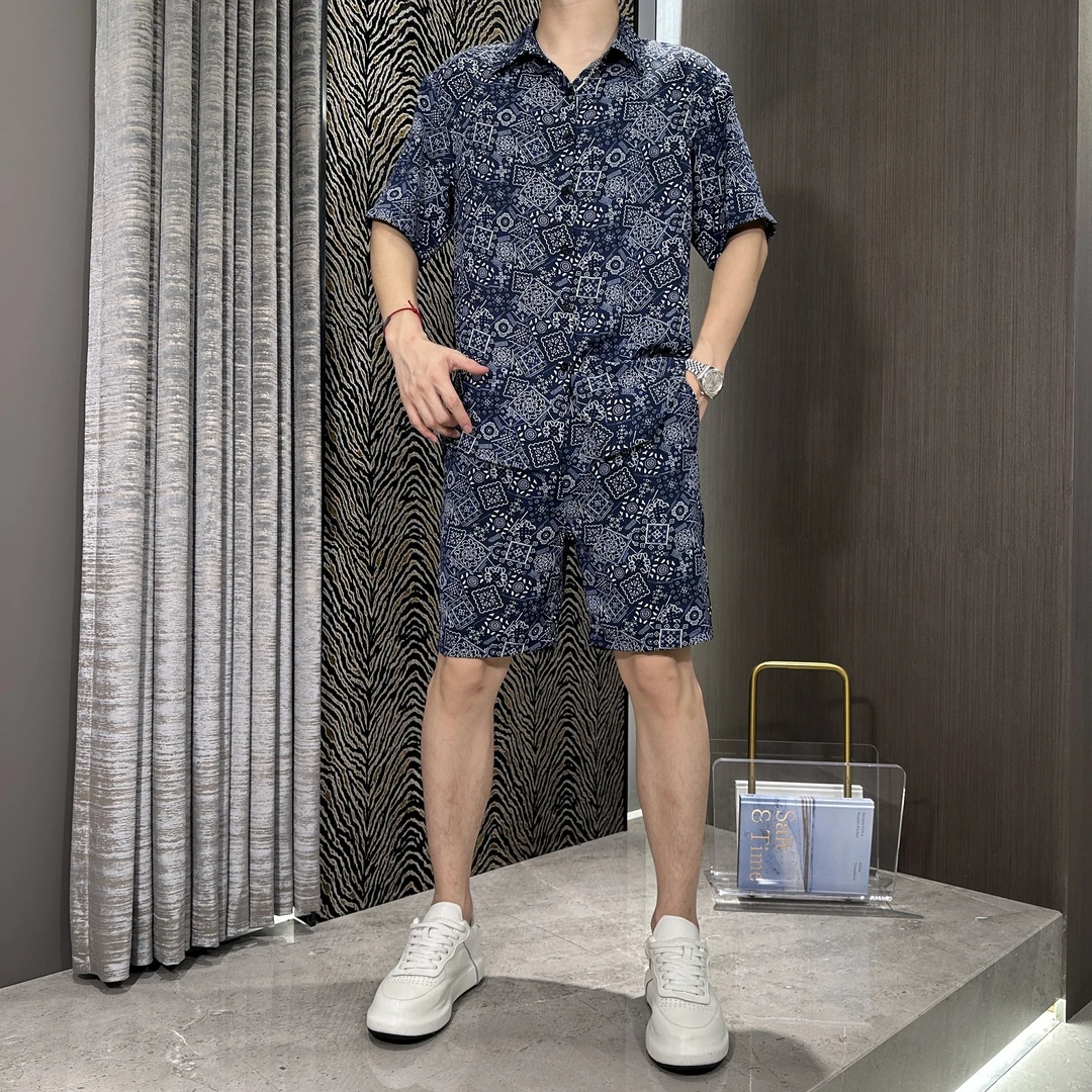 夏季新款男士冰丝套装休闲时尚薄款衬衫短袖宽松潮流五分短裤国风