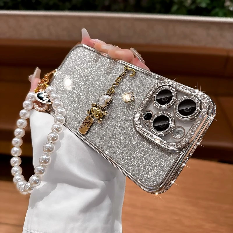 适用苹果15promax闪粉水钻手机壳iPhone14小兔配饰13全包12电镀壳