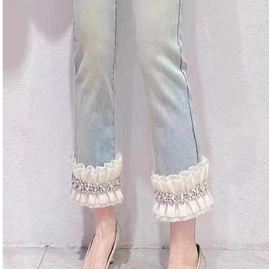 【柚柚】高腰大码牛仔裤重工锆石钻水洗牛仔裤