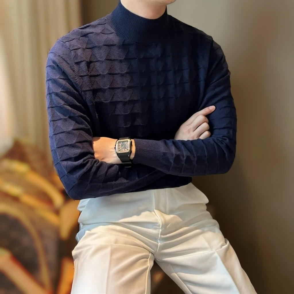 男士英伦风纯色半高领绅士男针织套头长袖波浪纹弹力打底衫毛衣