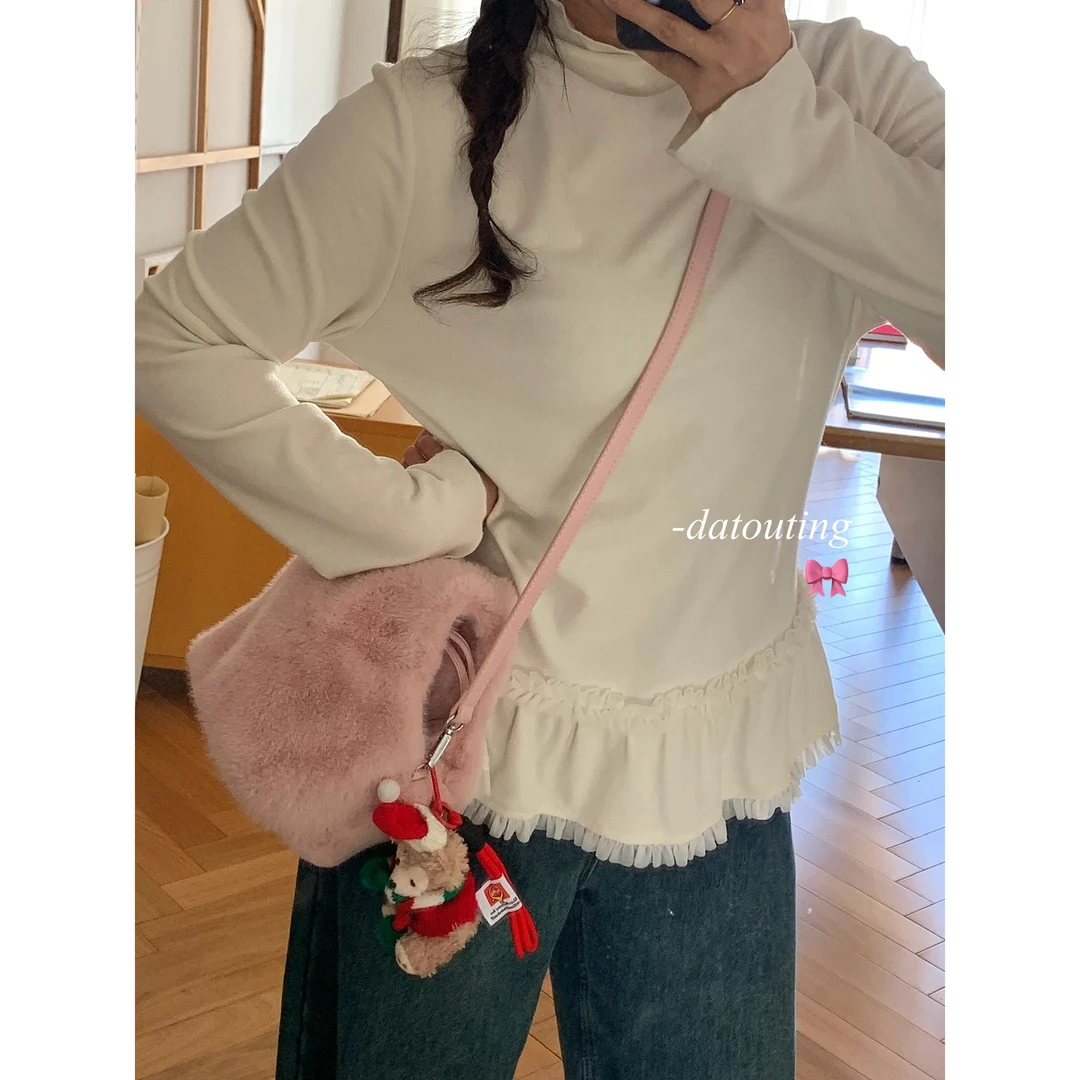 【落樱吹雪】大头婷微胖定制冬季高领磨毛打底蕾丝边木耳边长袖上衣